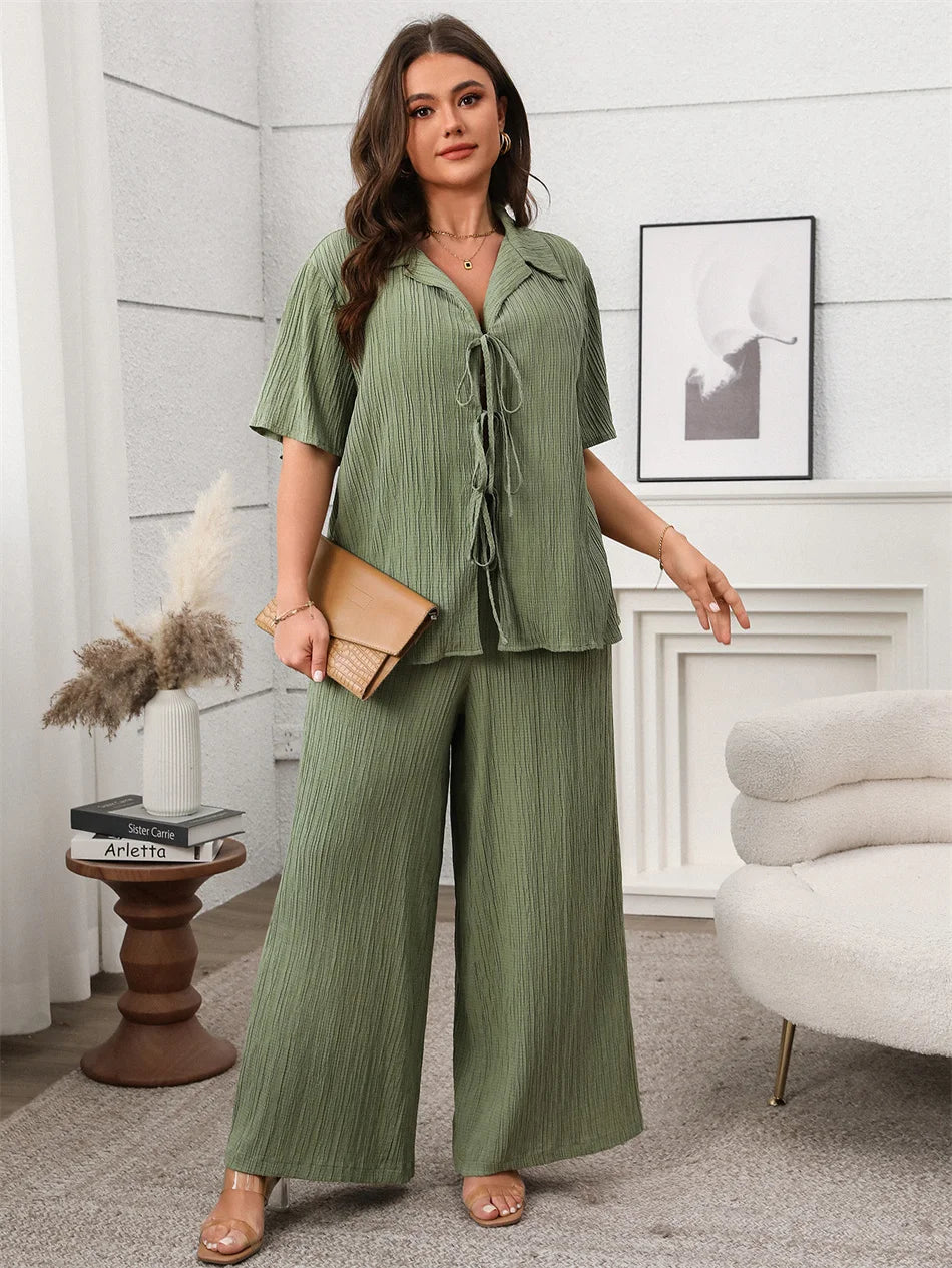 Tie-Front Shirt & Wide-Leg Pants Set