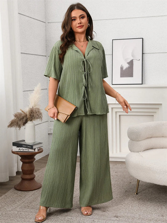 Tie-Front Shirt & Wide-Leg Pants Set