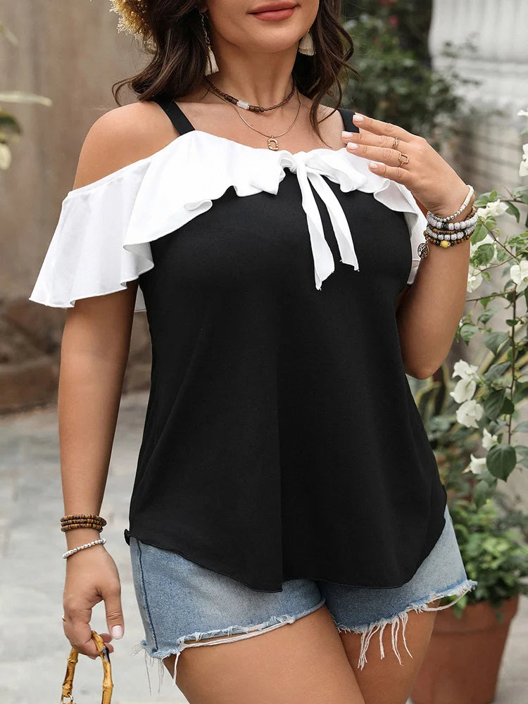 Contrast-Ruffle Cold-Shoulder Top