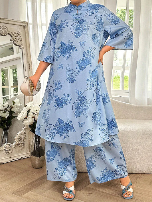 Floral Mandarin Tunic & Wide-Leg Pants Set
