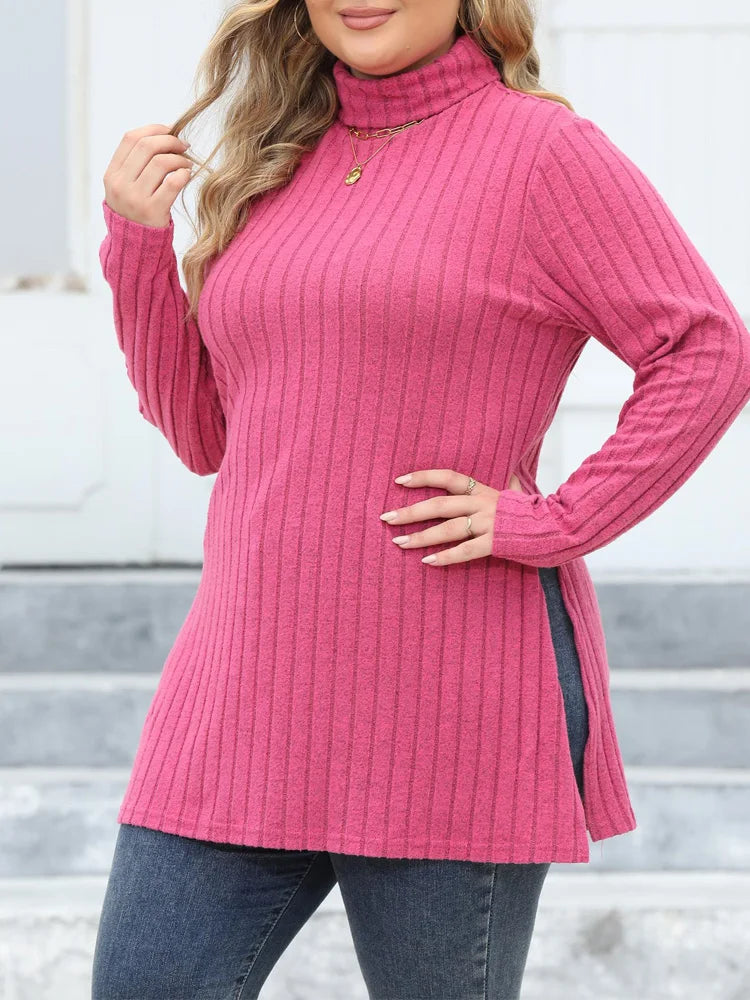 Ribbed Turtleneck Side-Slit Tunic