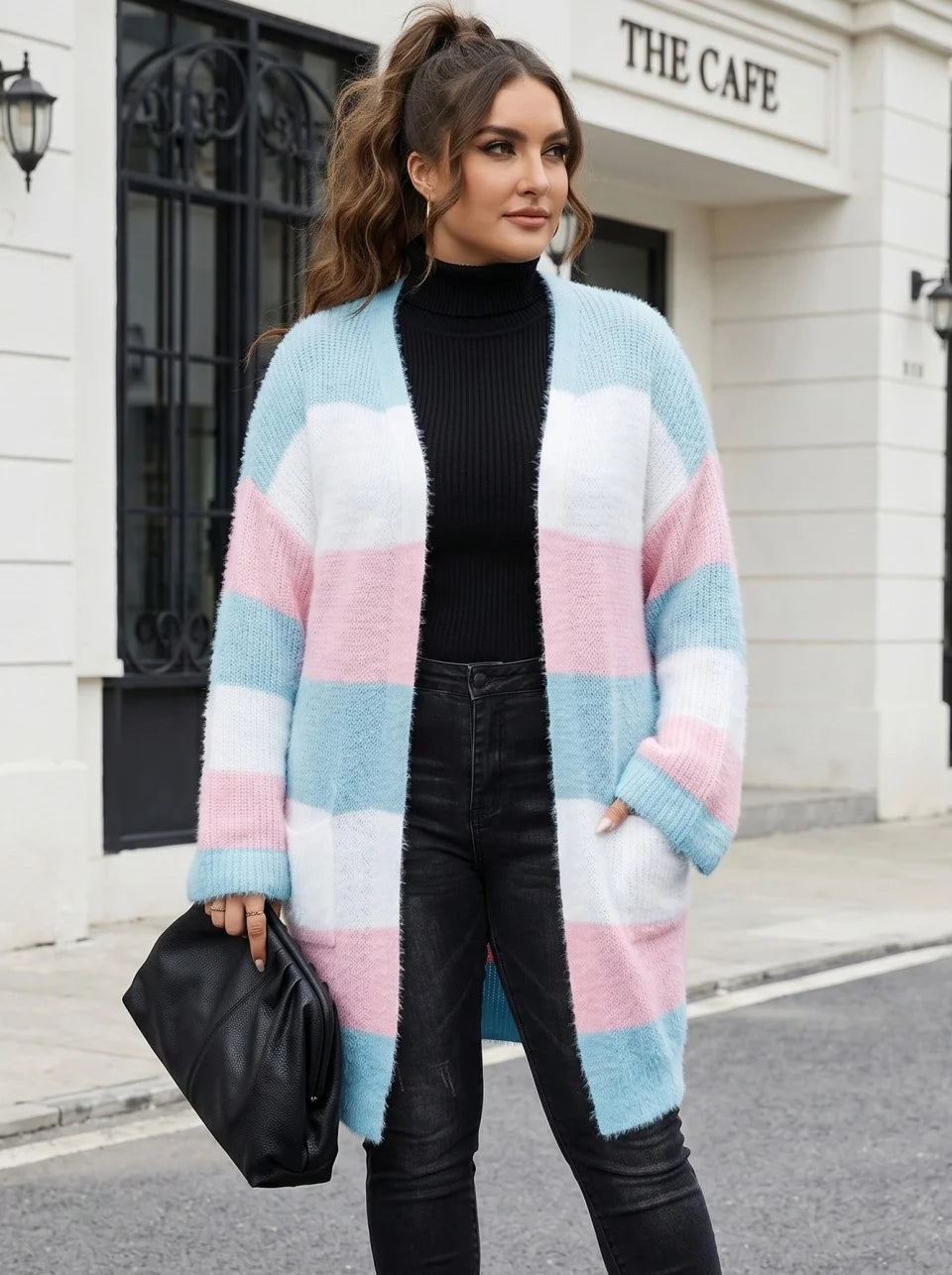 Pastel-Stripe Open-Front Longline Cardigan
