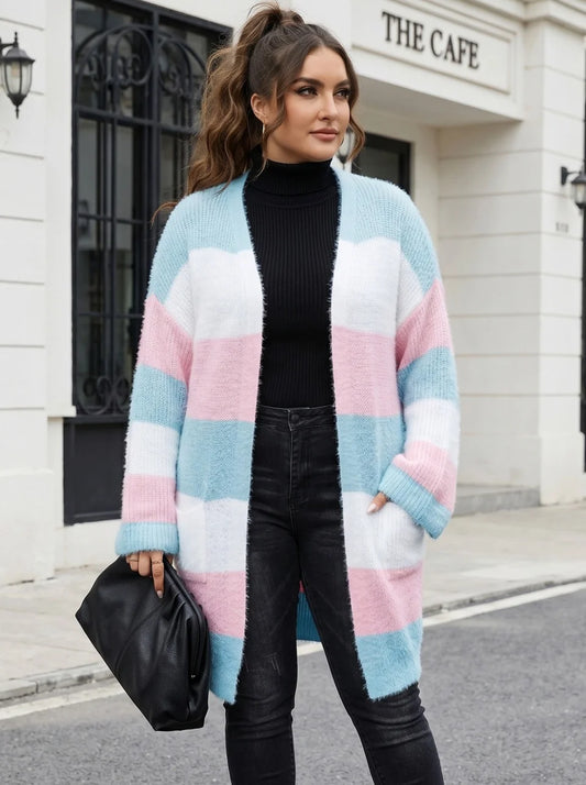 Pastel-Stripe Open-Front Longline Cardigan