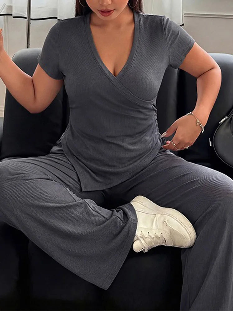 Ruched Wrap Top & Wide-Leg Pants Set