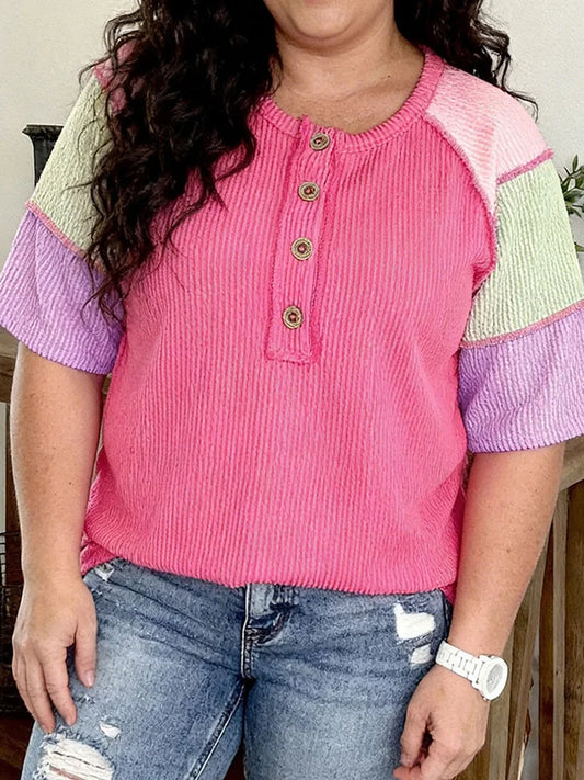 Colorblock-Sleeve Ribbed Henley Top