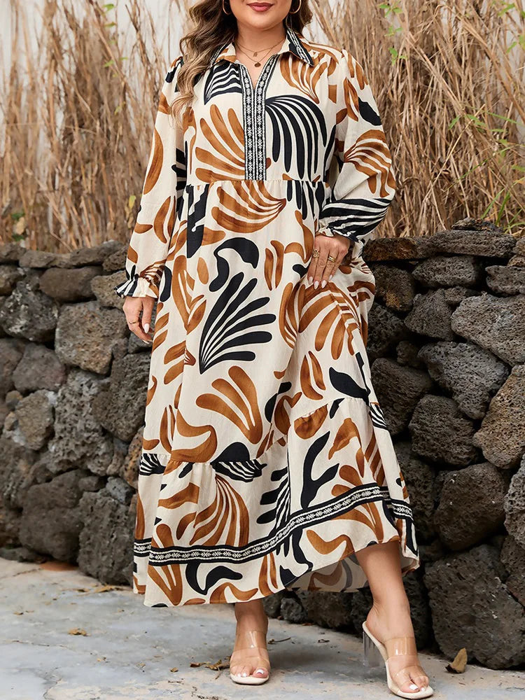 Abstract Collared Tiered Maxi Dress