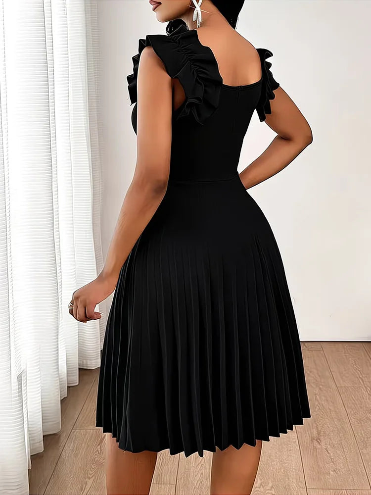Ruffle-Shoulder Pleated Midi Dress