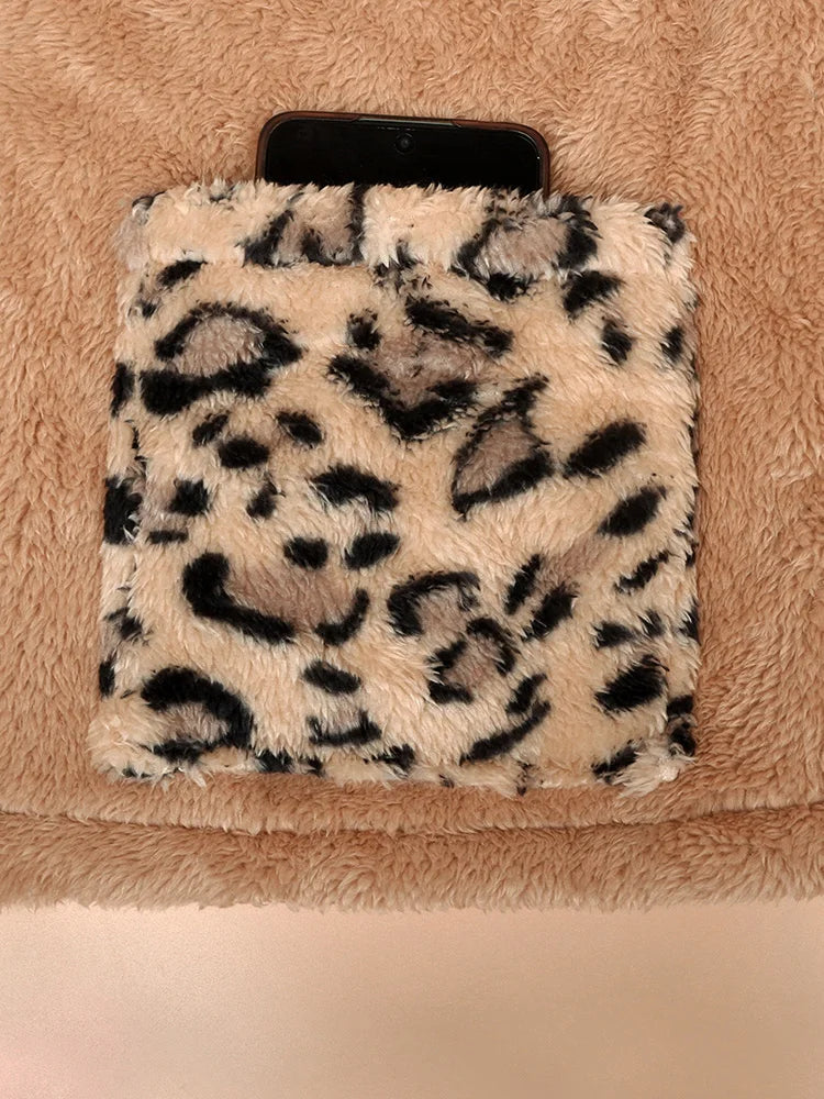 Leopard-Pocket Fuzzy Zip Jacket