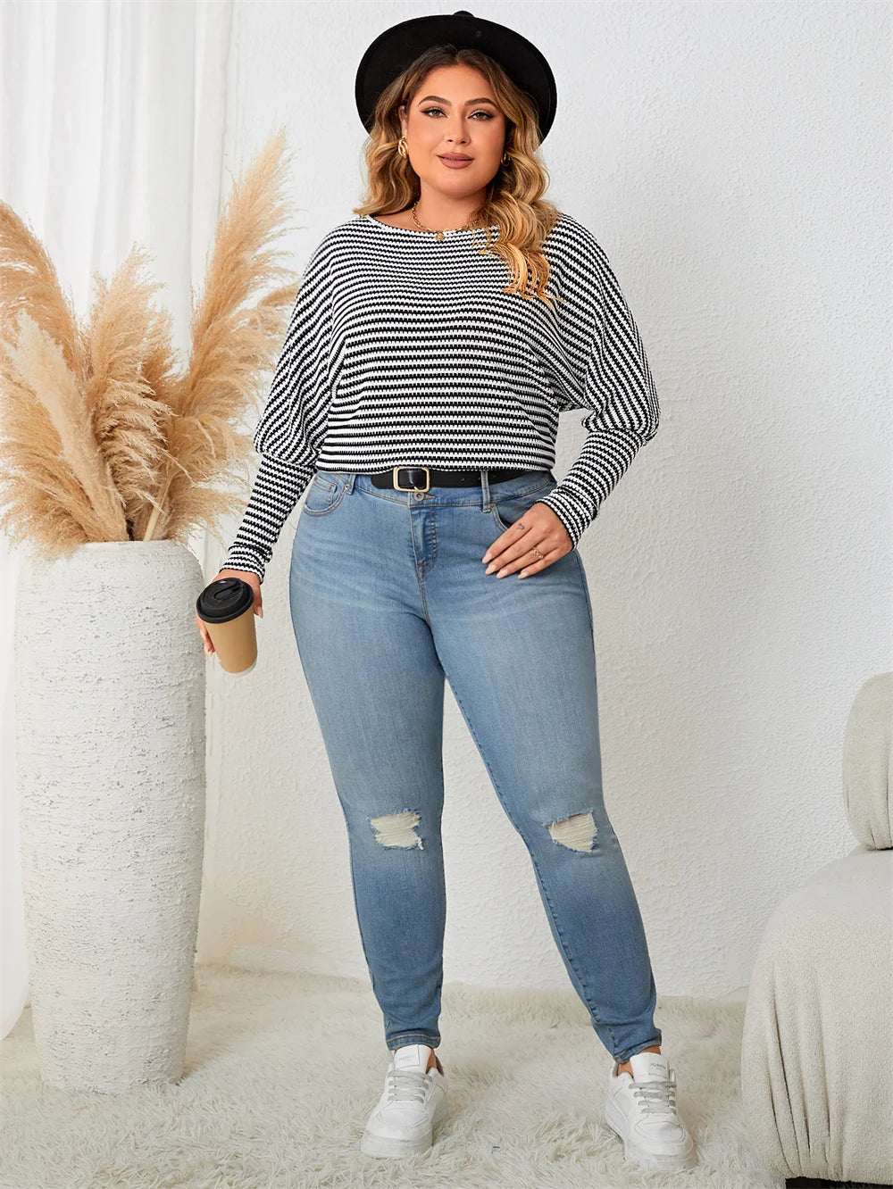 Striped Balloon-Sleeve Knit Top