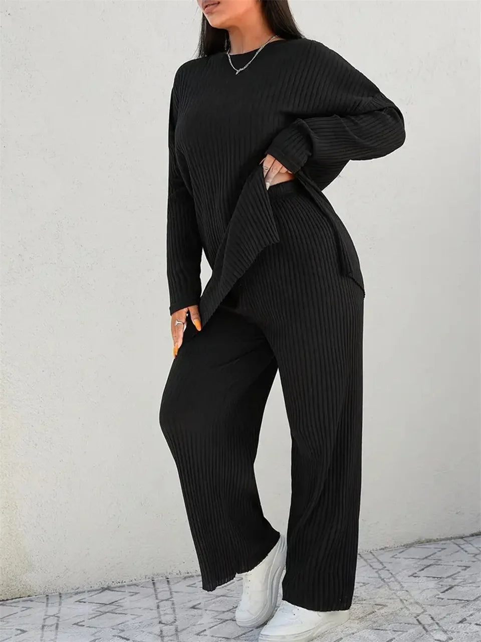 Ribbed Longline Top & Wide-Leg Pants Set