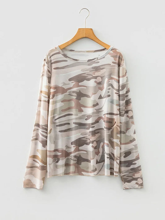Camo-Print Sheer Long-Sleeve Top