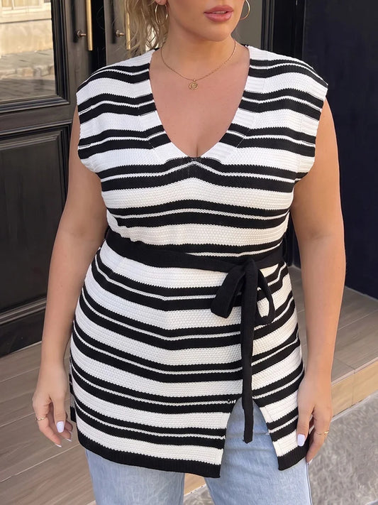 Striped Belted V-Neck Longline Vest