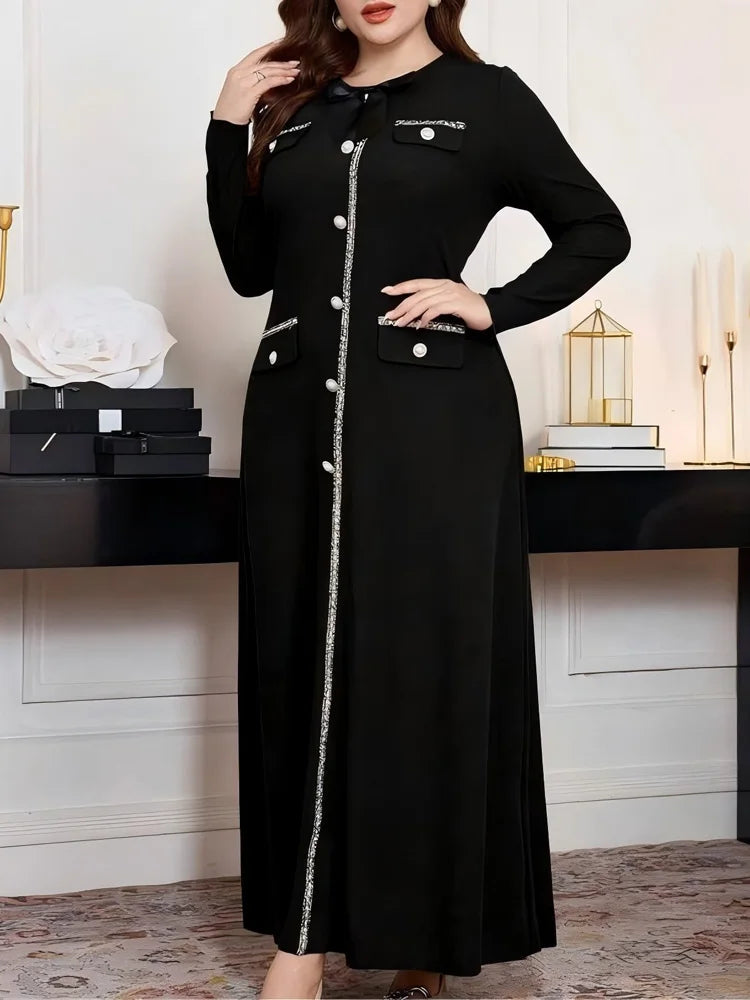 Bow-Neck Buttoned Maxi Dress