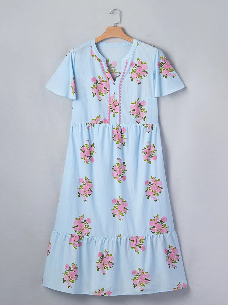 Ditsy-Floral Flutter-Sleeve Maxi Dress