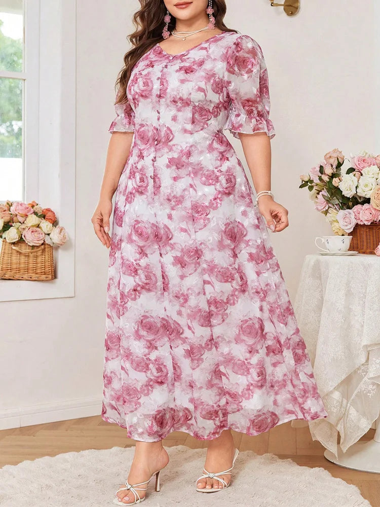 Rose-Print Puff-Sleeve Maxi Dress