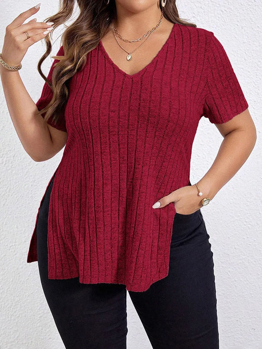 Ribbed V-Neck Side-Slit Tunic