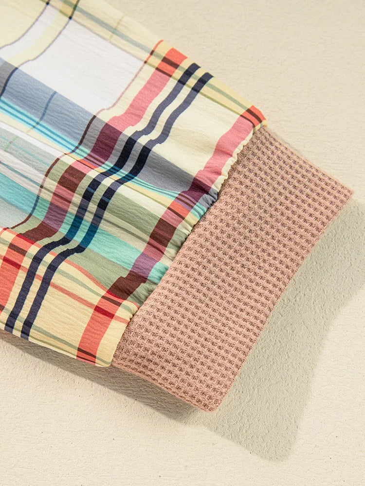 Plaid-Sleeve Colorblock Button Top
