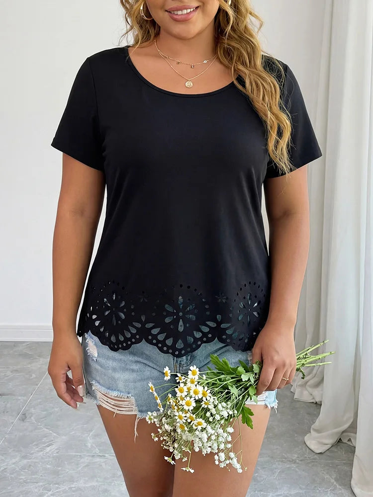 Cutwork Scallop-Hem Short-Sleeve Top