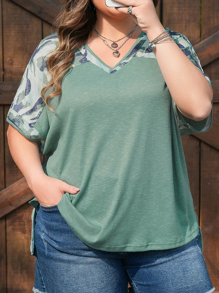 Camo-Raglan V-Neck Top