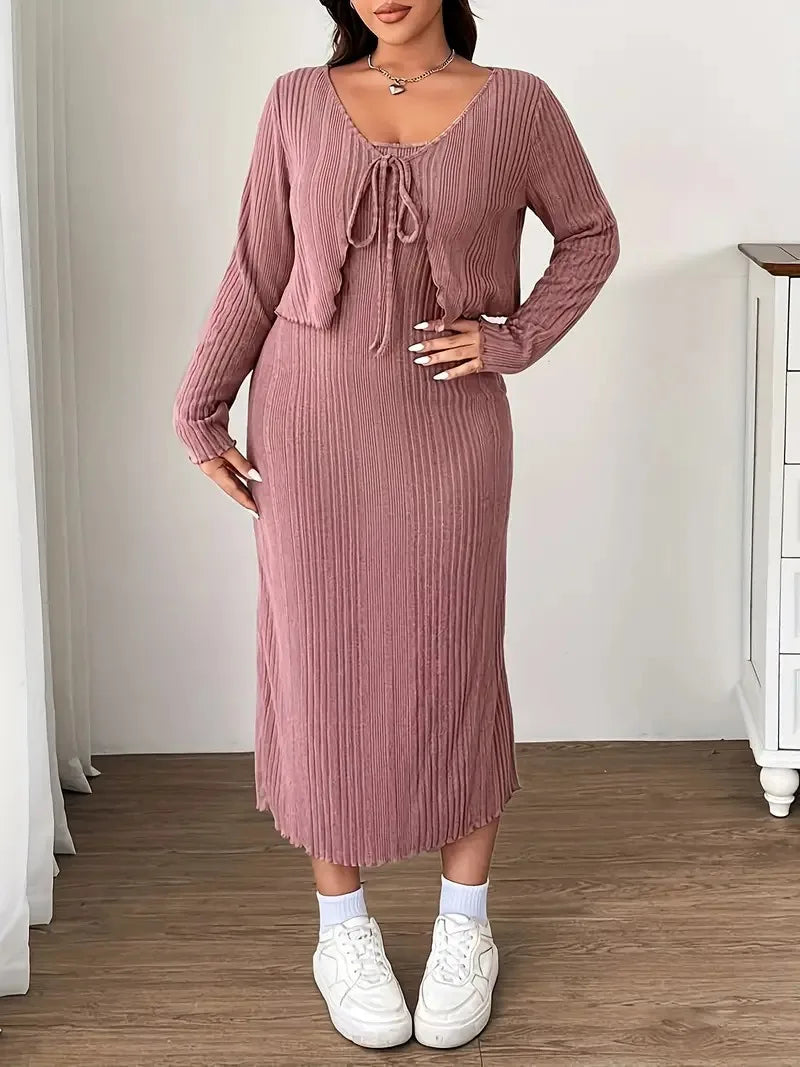 Ribbed Tie-Front Cardigan & Maxi Dress Set