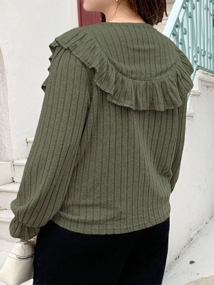 Ruffle-Yoke Ribbed Button-Front Top