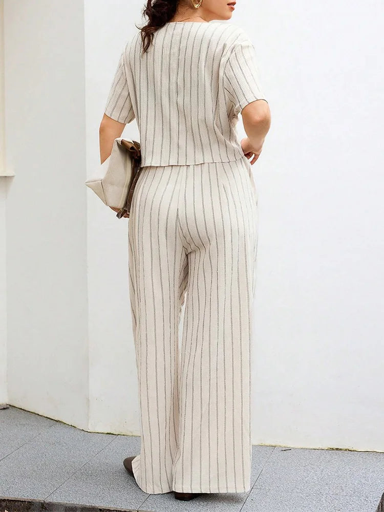 Striped Button Vest & Wide-Leg Pants Set