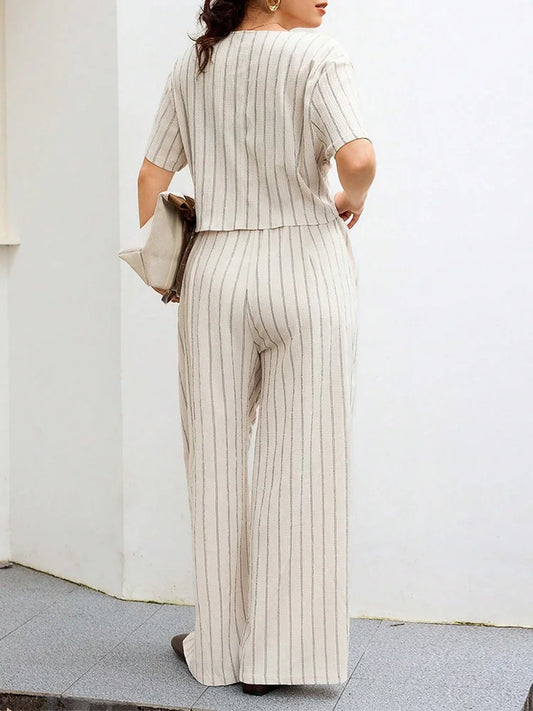 Striped Button Vest & Wide-Leg Pants Set