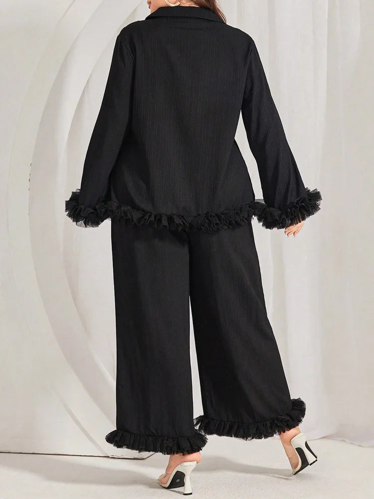 Ruffle-Trim Shirt & Wide-Leg Pants Set