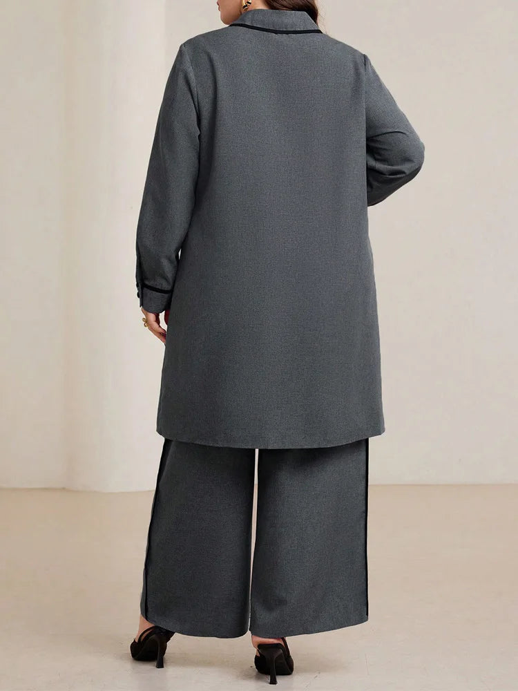 Contrast-Piped Longline Shirt & Wide-Leg Pants Set