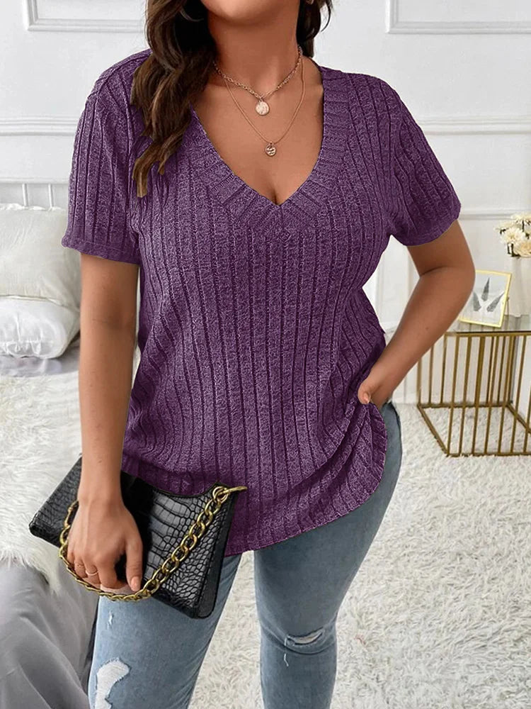 Ribbed V-Neck Short-Sleeve Top
