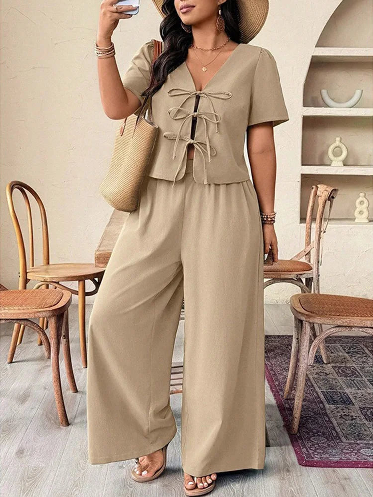 Tie-Front Top & Wide-Leg Pants Set