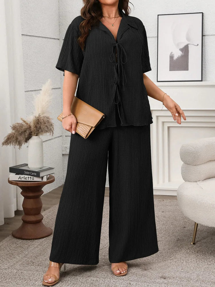 Tie-Front Shirt & Wide-Leg Pants Set