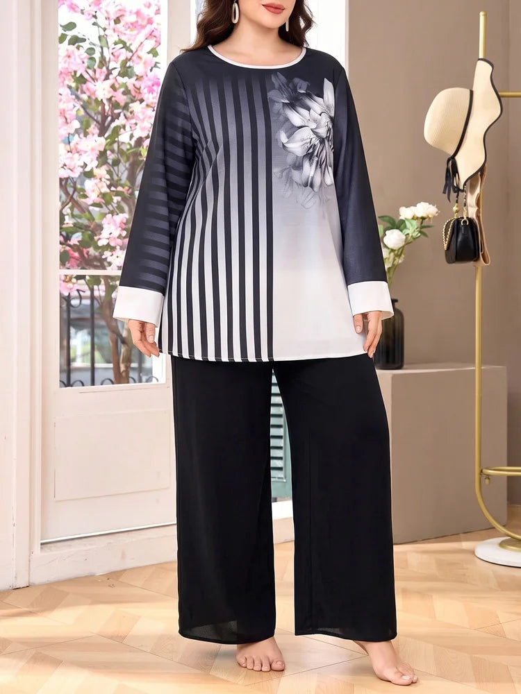 Floral-Stripe Tunic & Wide-Leg Pants Set
