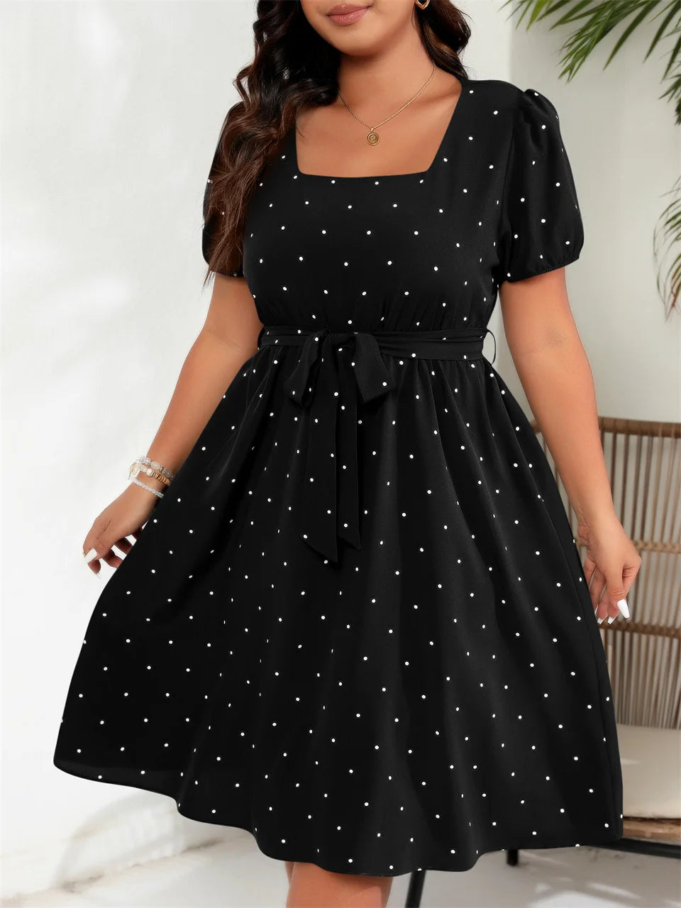 Polka-Dot Square-Neck Midi Dress