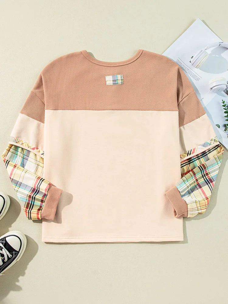 Plaid-Sleeve Colorblock Button Top
