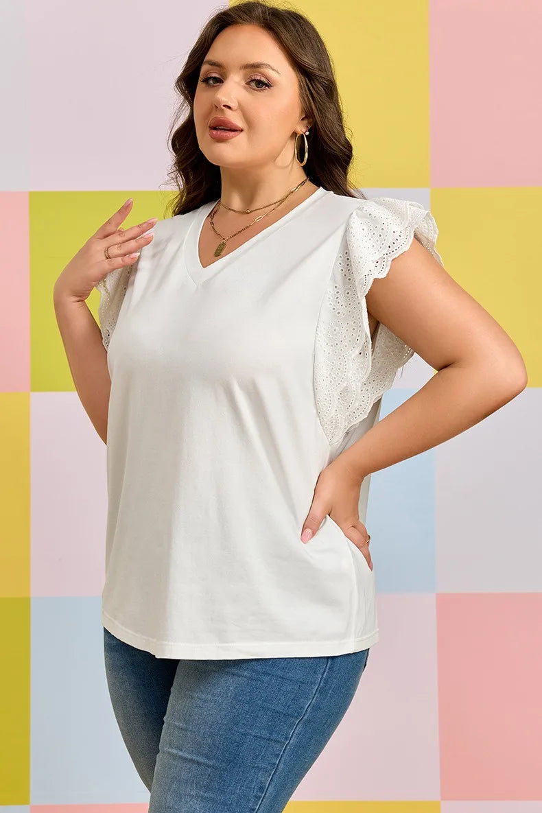 Eyelet Ruffle-Sleeve V-Neck Top