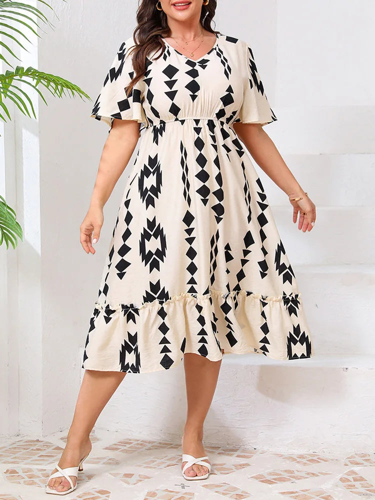 Geometric Flutter-Sleeve Midi Dress