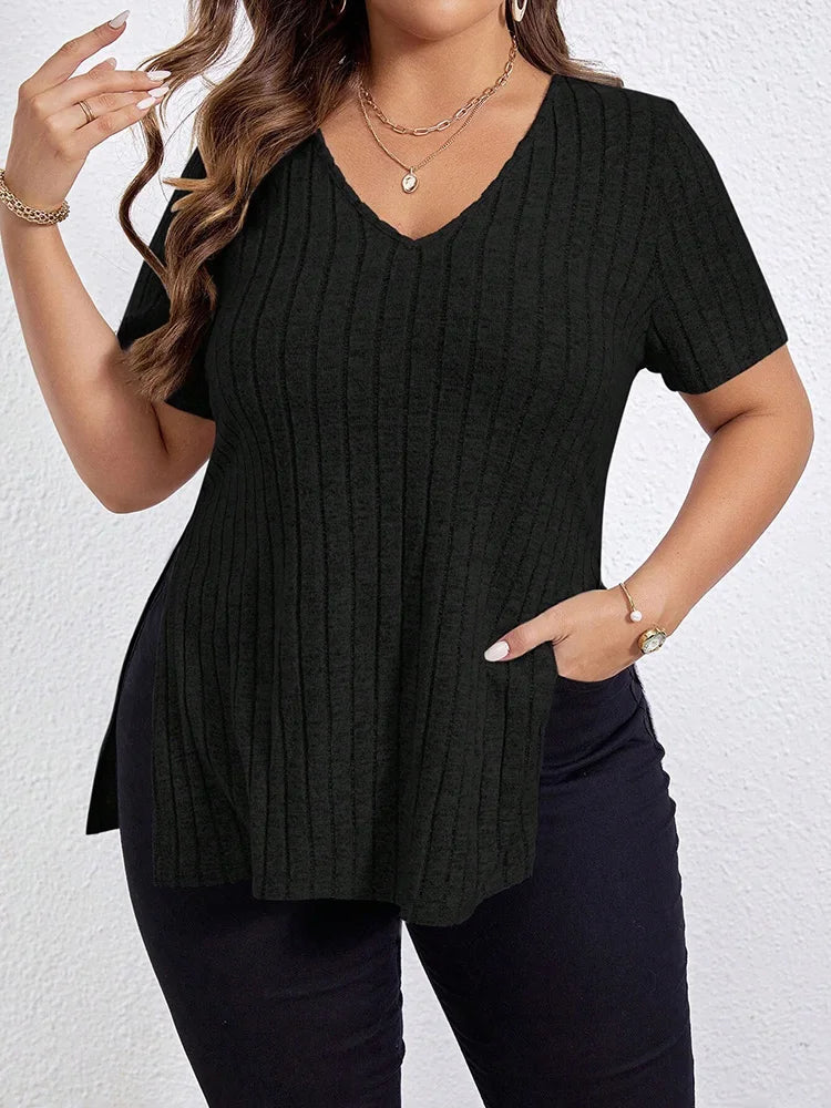 Ribbed V-Neck Side-Slit Tunic