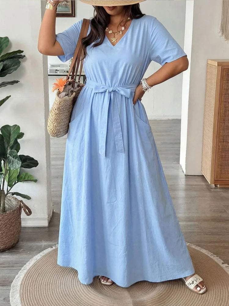 Belted V-Neck Pocket Maxi Dress