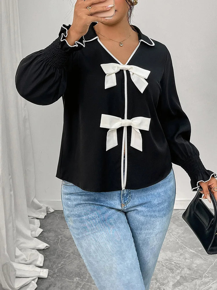 Contrast-Bow Ruffle-Cuff Blouse