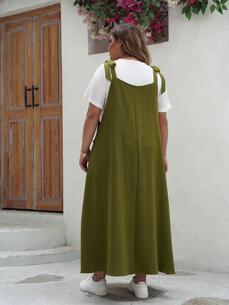 Tie-Shoulder Pocketed Pinafore Maxi Dress