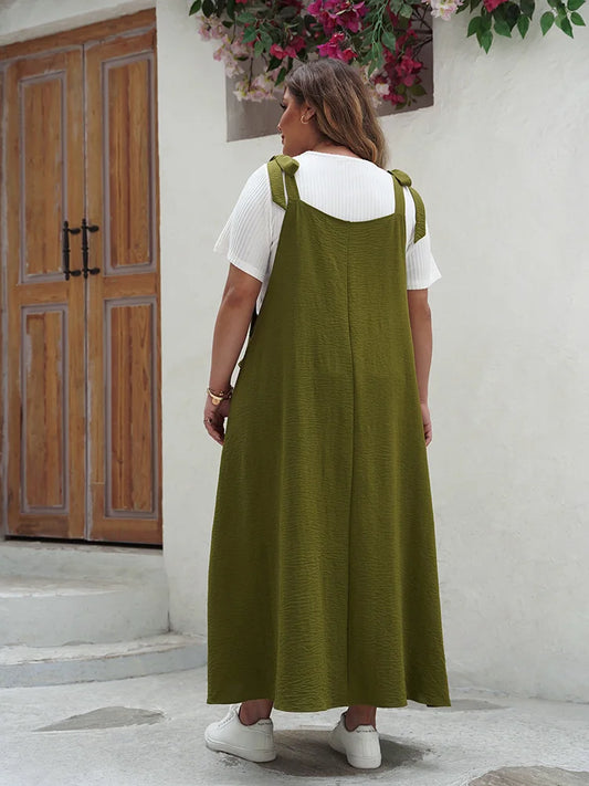 Tie-Shoulder Pocketed Pinafore Maxi Dress