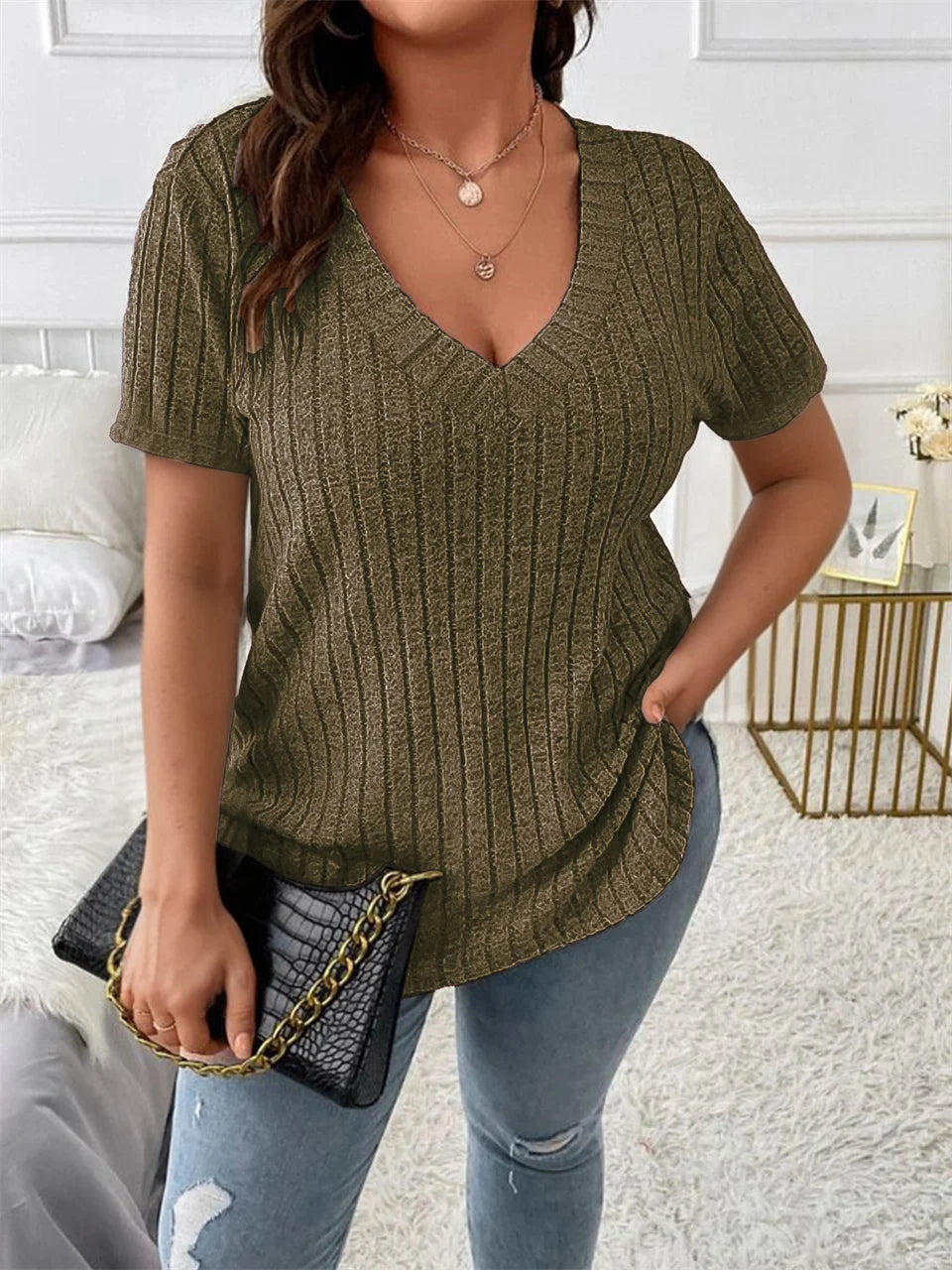 Ribbed V-Neck Short-Sleeve Top