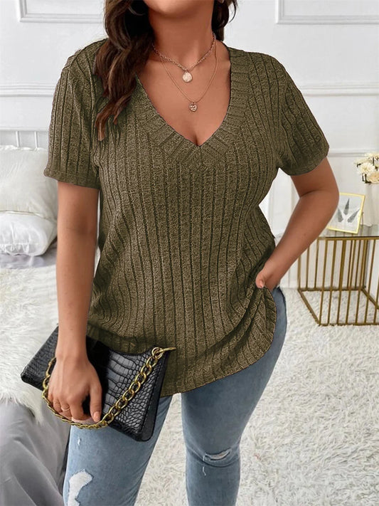 Ribbed V-Neck Short-Sleeve Top
