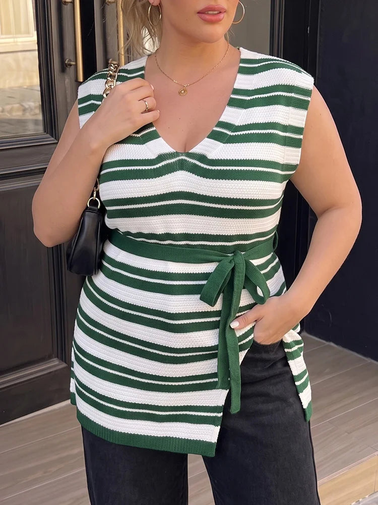 Striped Belted V-Neck Longline Vest