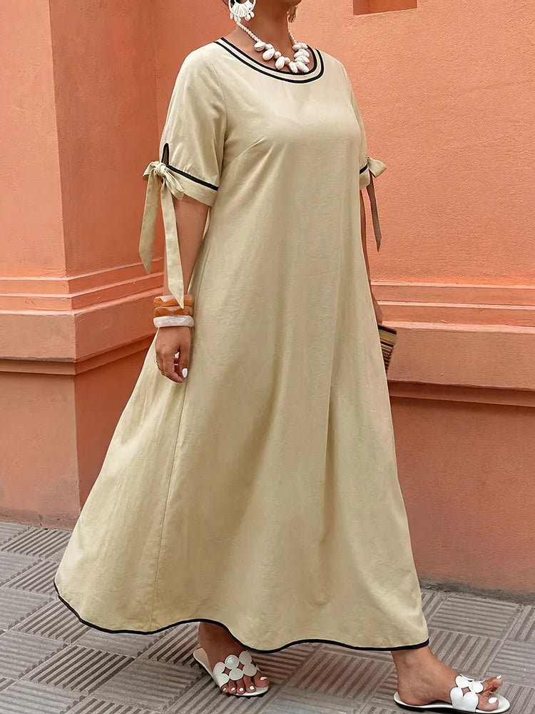 Contrast-Trim Tie-Sleeve Maxi Dress