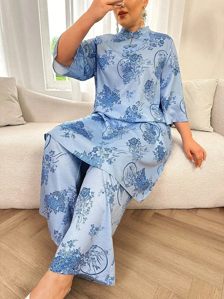 Floral Mandarin Tunic & Wide-Leg Pants Set