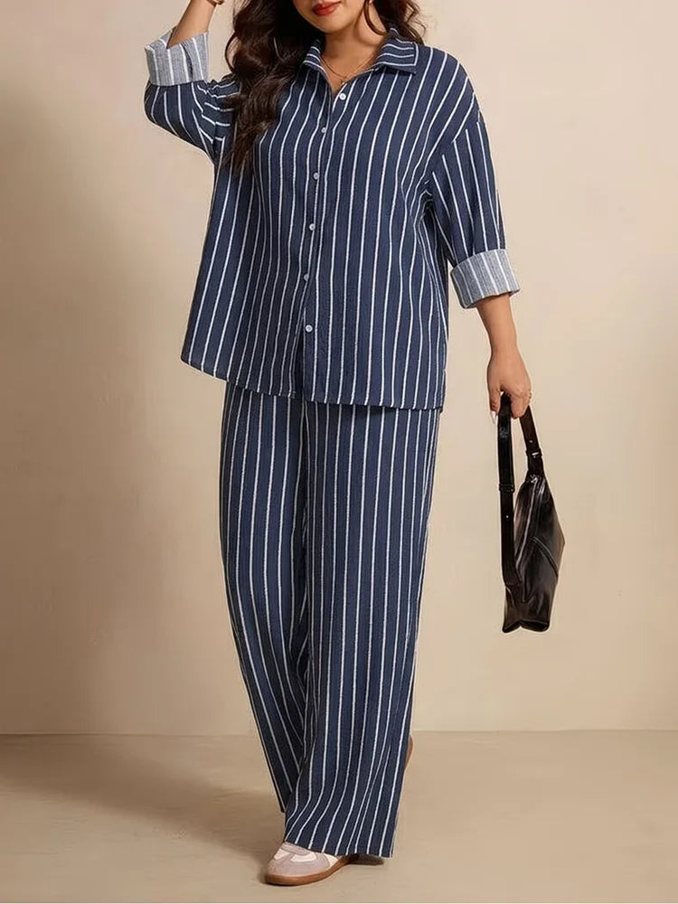Striped Button Shirt & Wide-Leg Pants Set