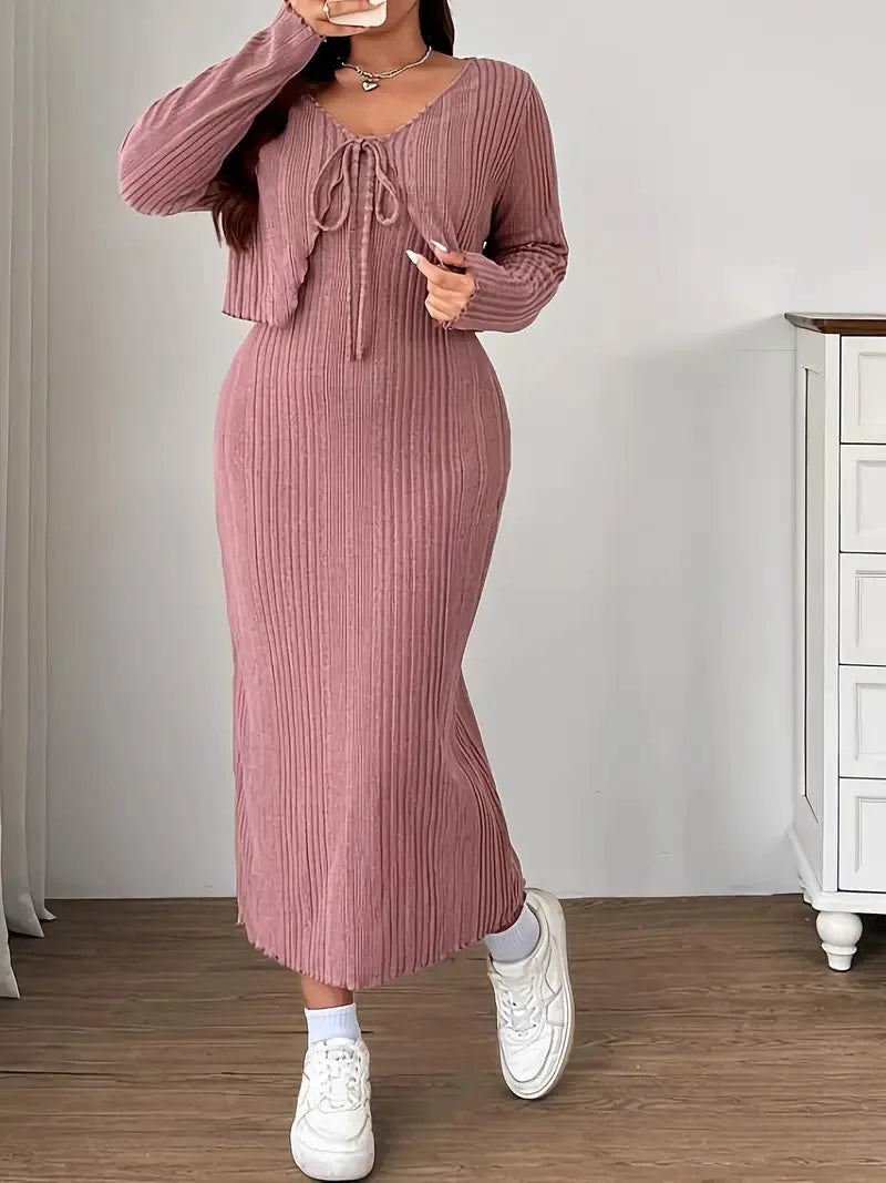 Ribbed Tie-Front Cardigan & Maxi Dress Set
