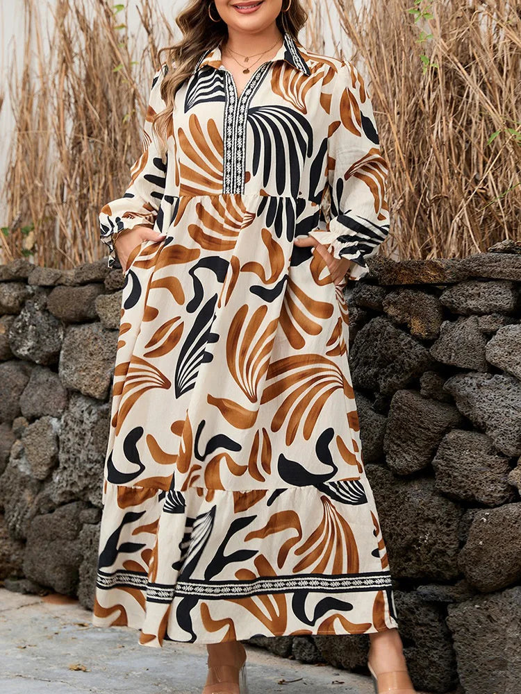 Abstract Collared Tiered Maxi Dress